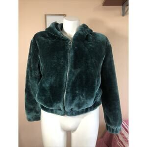 NWOT Outer Edge Green Faux Fur Cropped Jacket Hood Medium Pockets Zipper